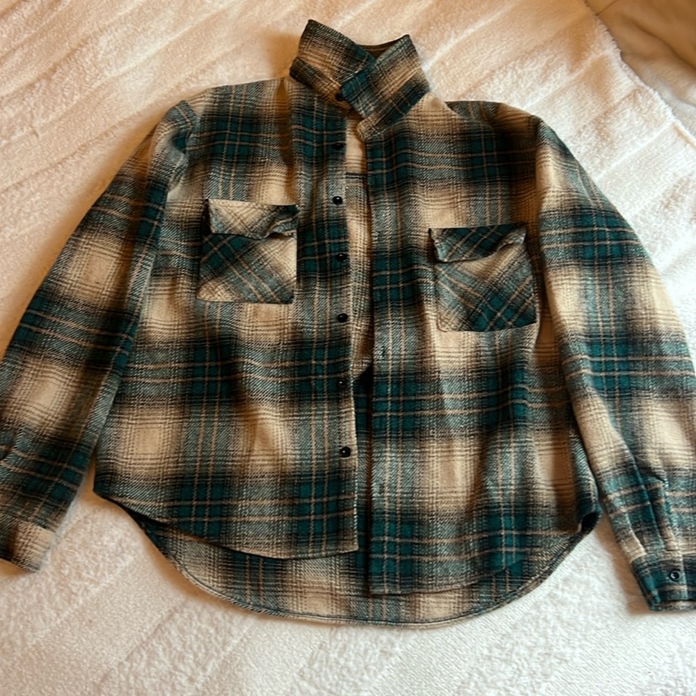 Men’s Shein flannel, unknown size but fits like a large, green navy blue and tan